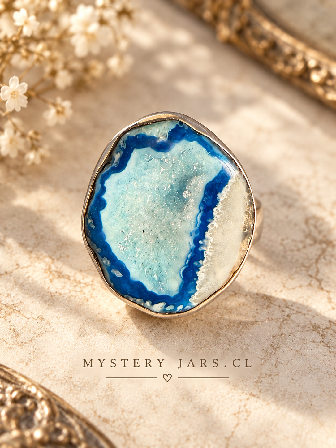 Anillo drusa azul de botswana Plata 925