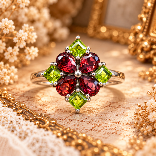 Anillo Granate Hessonita y Peridotos Plata 925