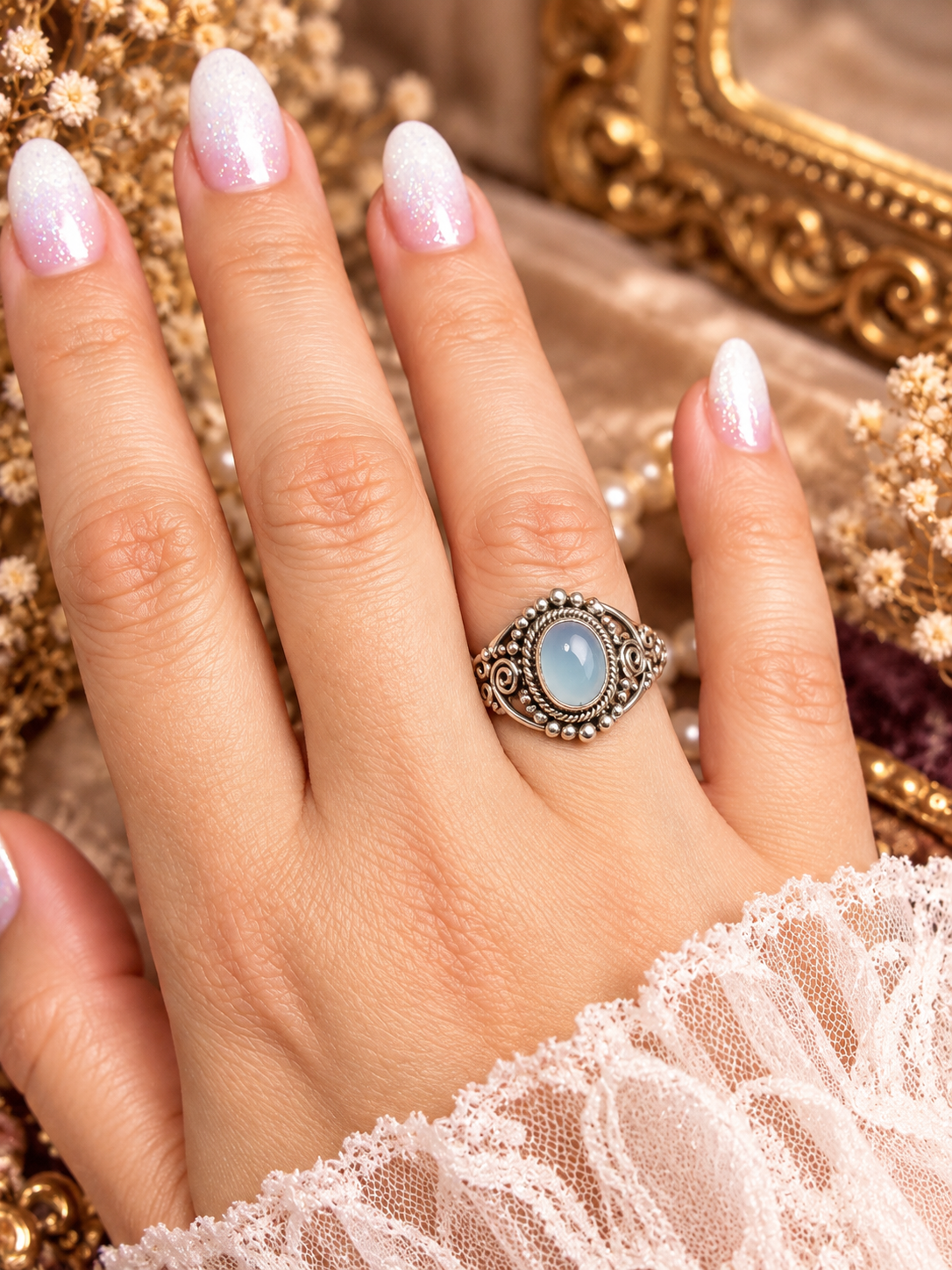Anillo Calcedonia Aqua Plata 925