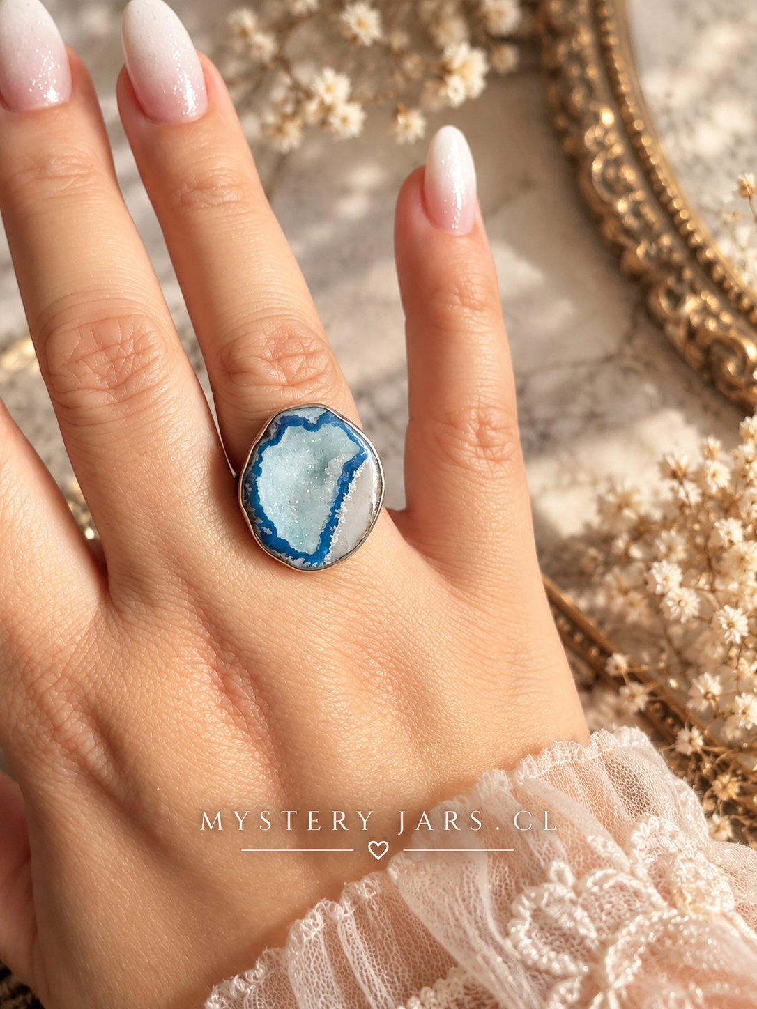 Anillo drusa azul de botswana Plata 925