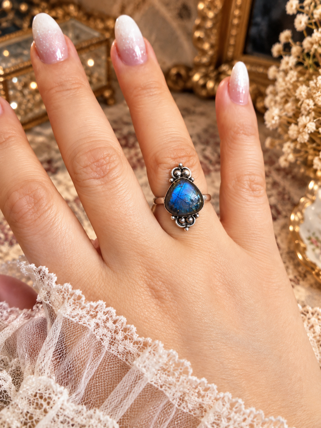 Anillo Labradorita azul fuego de madagascar Plata 925