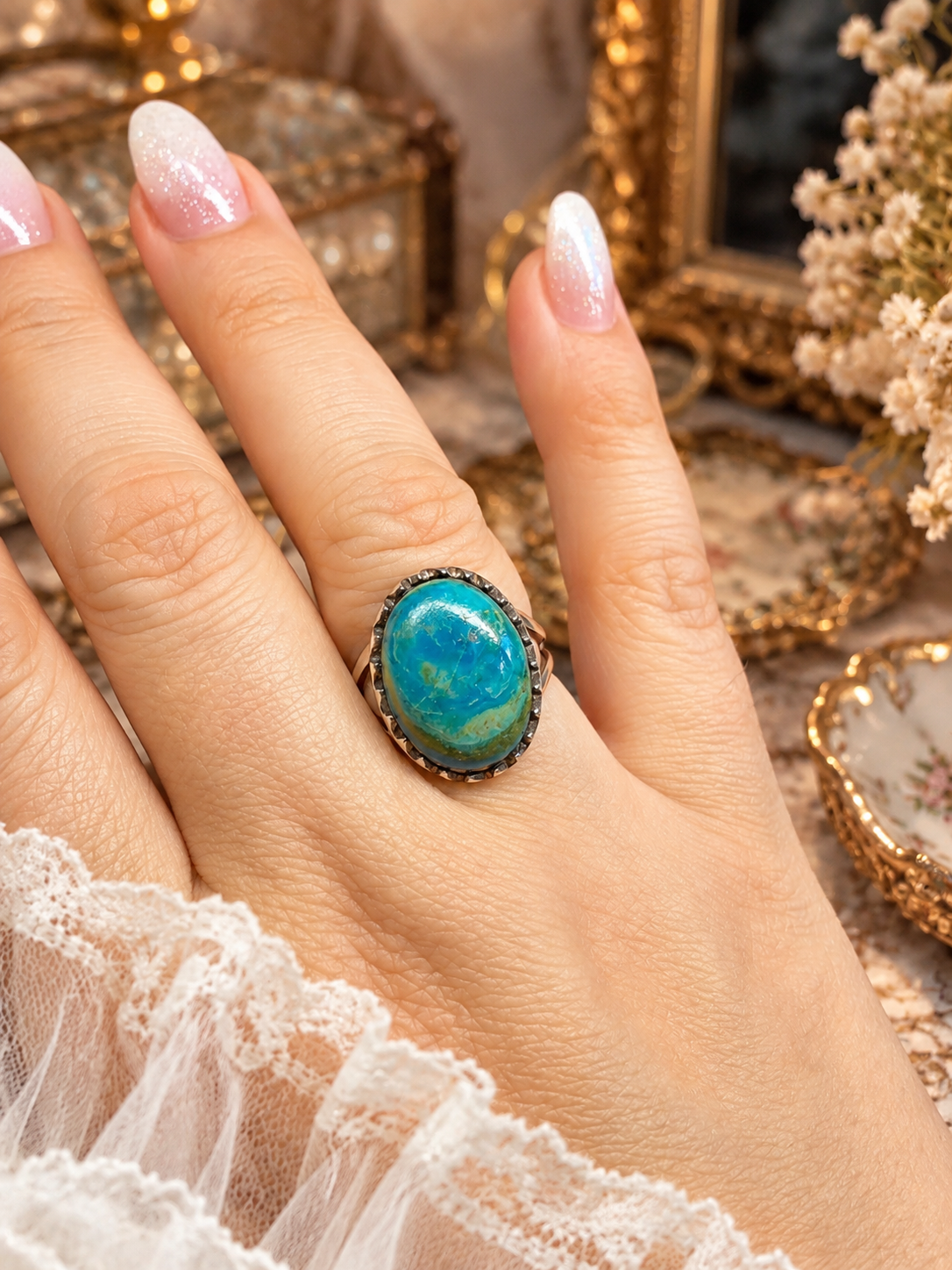 Anillo Turquesa azul con Verde mina Kingman Plata 925