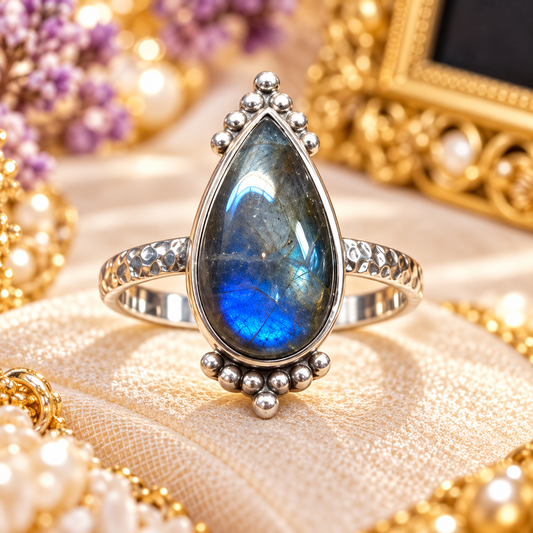Anillo Labradorita azul fuego de madagascar Plata 925