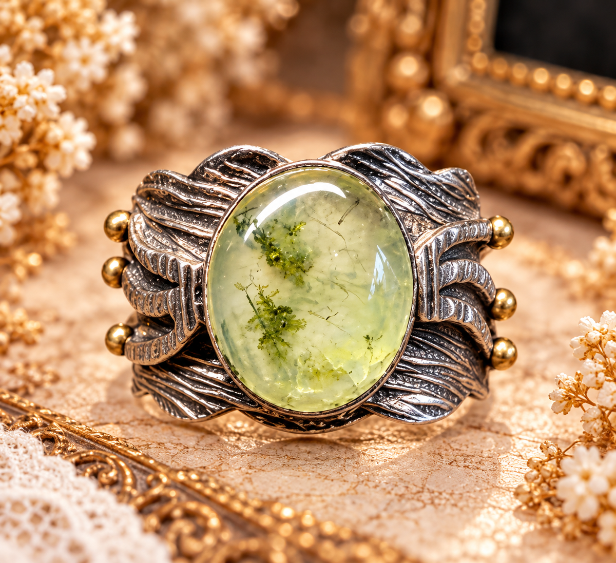 Anillo Prehenita Australiana Plata 925 con oro 18k