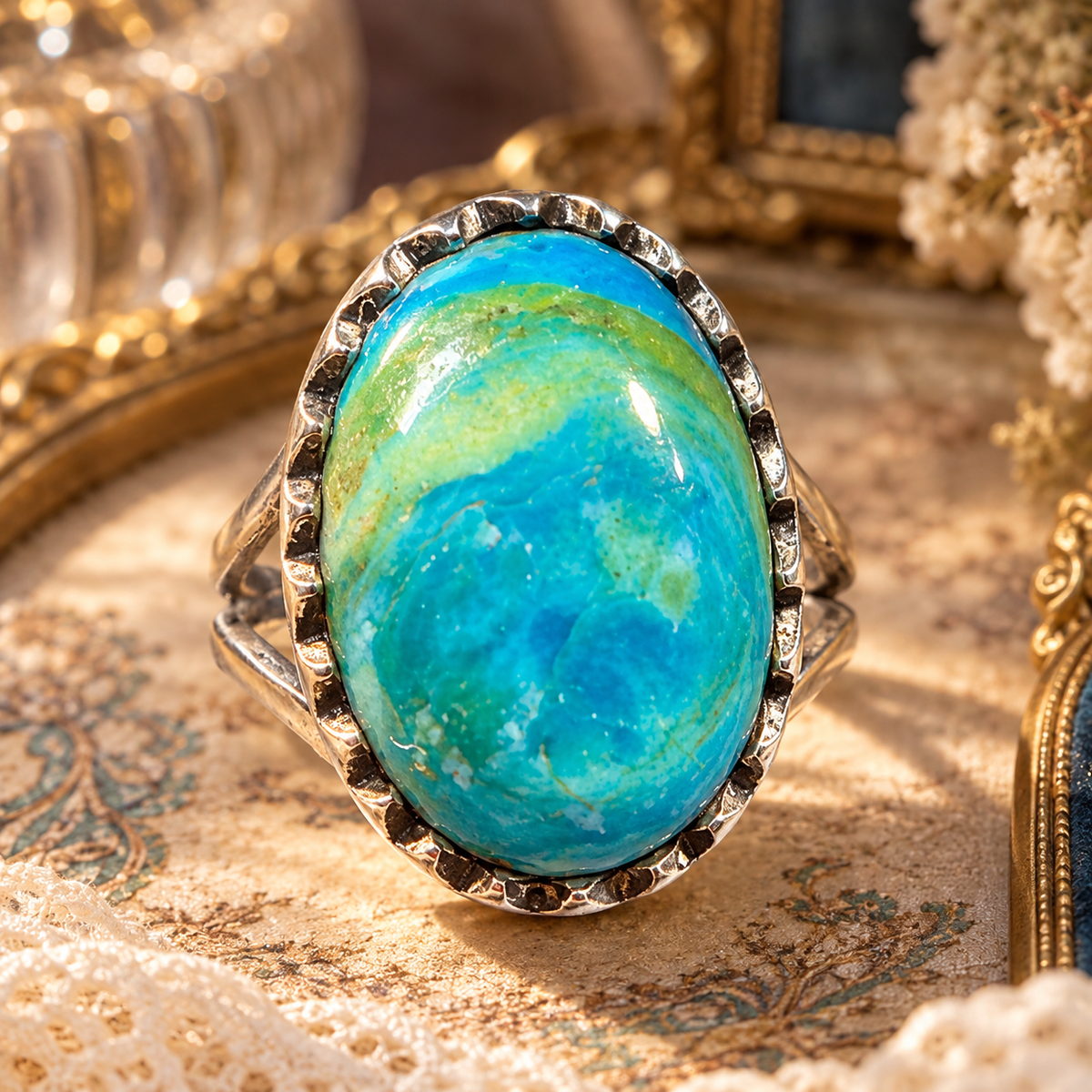 Anillo Turquesa azul con Verde mina Kingman Plata 925