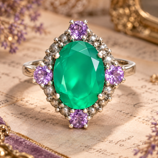 Anillo Onix verde y amatistas de Africa Plata 925