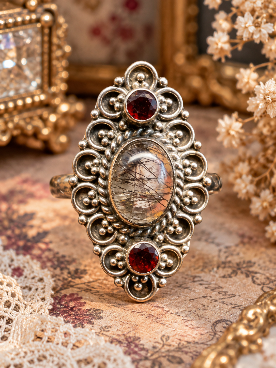 Anillo Turmalina negra en cuarzo de SriLanka y Granates Plata 925