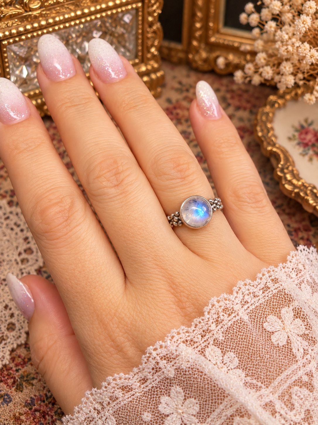 Anillo Piedra Luna Arcoíris Plata 925