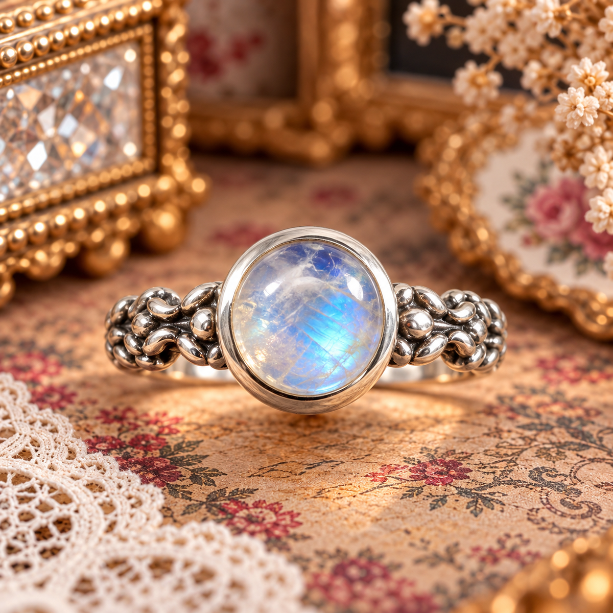 Anillo Piedra Luna Arcoíris Plata 925